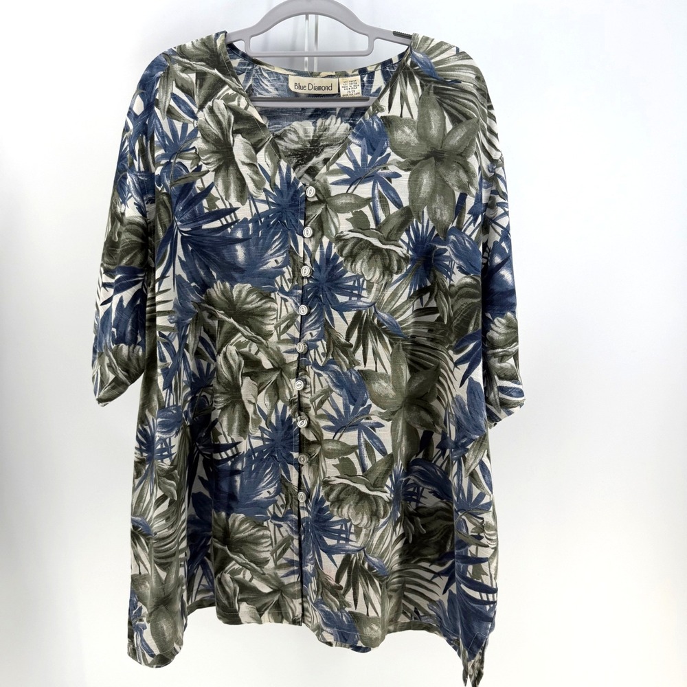 Blue Diamond‎ Button Up Top Women 26/28 Green Tropical Coastal Resort Lagenlook